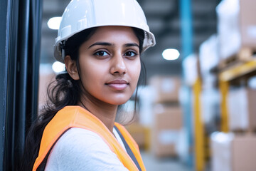 Indian worker in safety uniform driving forklift at warehouse