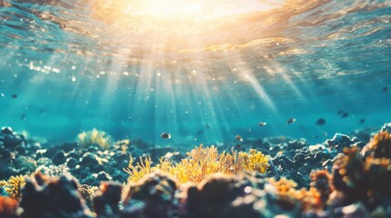 Poster - Underwater Coral Reef with Sunlight and Fish