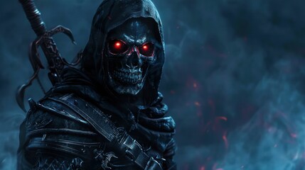 Wall Mural - A black hooded skull with red glowing eyes and a sword on its back. AI generated images