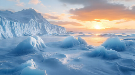 Wall Mural - Sunset over a vast icy landscape with a frozen mountain in the background.