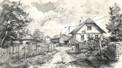 Wall Mural - A pen and ink drawing of a rural scene with a dirt road leading to a house and fence.