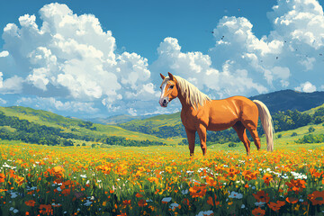 Wall Mural - cute horse with nature background