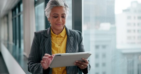 Canvas Print - Business woman, mature and thinking with tablet in project management, administration and progress report. Female person, technology and planning for ideas, research and schedule at office or company