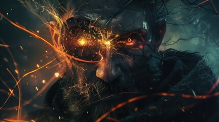 Wall Mural - Futuristic cyborg man with glowing eyes in cyberpunk style. ai generated image