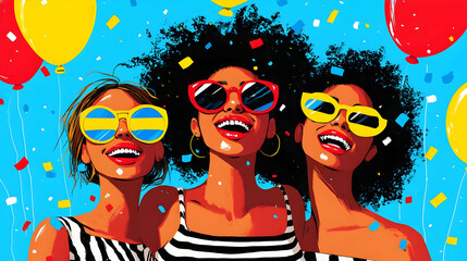 Canvas Print - Three smiling women wearing sunglasses and colorful clothes with confetti falling on them.