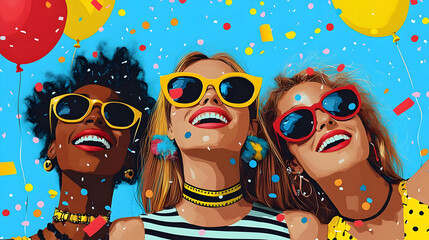 Canvas Print - Three smiling women wearing sunglasses looking up in a confetti filled sky.