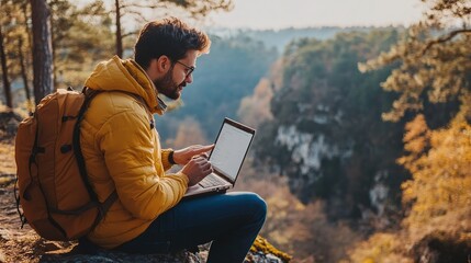 Poster - A digital nomad reviewing their insurance policy while traveling, with a laptop in a scenic outdoor setting.