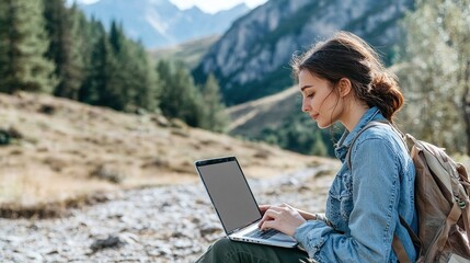 Poster - A digital nomad reviewing their insurance policy while traveling, with a laptop in a scenic outdoor setting.
