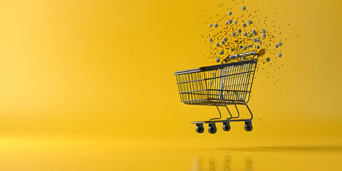 Close-Up Photography of a Supermarket Trolly or Shopping Cart Full of Grocery Products Floating Fresh Fruits and Vegetables on a Lively Yellow Background