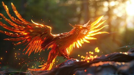 Wall Mural - A 3D render of a phoenix bird with its wings spread, engulfed in flames, with a background of blurred bokeh lights.