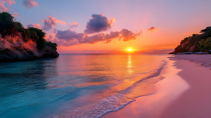 Canvas Print - Tranquil beach sunset with golden light reflecting on the calm ocean water.