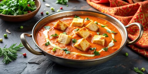 Creamy Paneer Butter Masala dish with aromatic spices and tomato cream gravy , Indian cuisine, vegetarian, traditional, curry