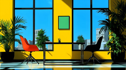 Two chairs and a table in a yellow room with windows and plants.