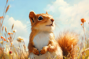 Wall Mural - cute squirrel with nature background