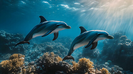 Two dolphins swim through clear blue water, with sunlight shining through the surface.