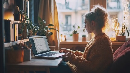 Poster - A freelancer working in a cozy home office, exploring insurance options on their laptop.