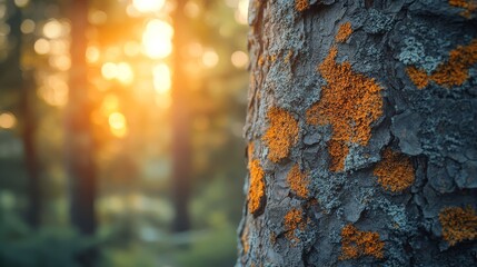 Lichen Covered Tree Bark Close Up with Bokeh Background
