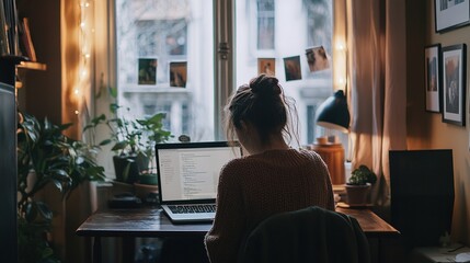Poster - A freelancer working in a cozy home office, exploring insurance options on their laptop.