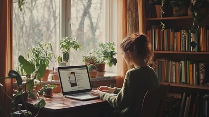 Poster - A freelancer working in a cozy home office, exploring insurance options on their laptop.