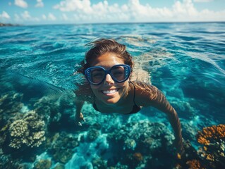 Happy Woman Snorkeling in Tropical Ocean