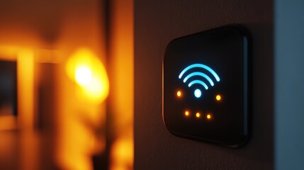 Poster - Close-up of a digital push button with a Wi-Fi icon on a modern smart home device, illuminated softly, no people