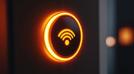 Poster - Close-up of a digital push button with a Wi-Fi icon on a modern smart home device, illuminated softly, no people