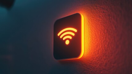 Poster - Close-up of a digital push button with a Wi-Fi icon on a modern smart home device, illuminated softly, no people