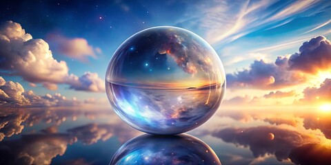 Wall Mural - Crystal sphere capturing the universe with cosmic scene reflection, ethereal clouds, and floating orbs