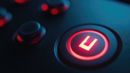 Poster - Close-up of an illuminated power button on a modern electronic device, with a dark, high-contrast background, no people