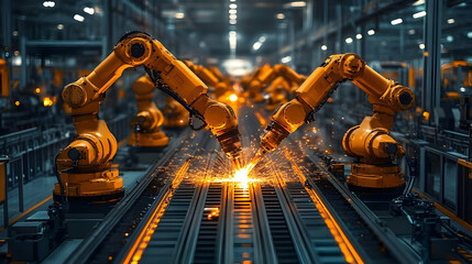 Two industrial robots welding metal on a production line.