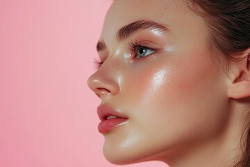 beautiful young adult woman in profile with healthy shiny skin. photo of gorgeous girl after morning