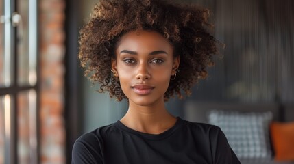 Wall Mural - Stylish Black Tee Shirt Mockup on African American Female Model