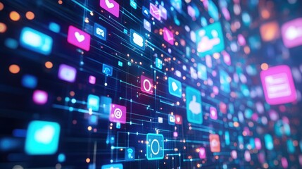 Poster - floating digital screens showing social media icons and chats, symbolizing an active online communit