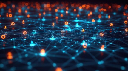Aufkleber - Floating icons and lines forming a network map, symbolizing online collaboration, no people