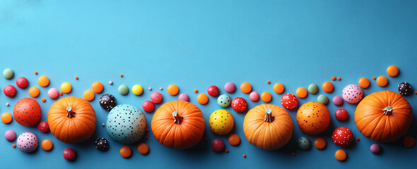 Wall Mural - Attractive colorful, sweet candy pumpkins isolated on pastel blue background, trick-or-treat, halloween seasonal trendy holiday decoration banner.