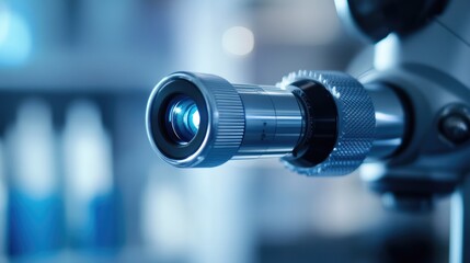 Poster - Macro shot of a digital otoscope with LED light, showing fine details of the lens and handle, with a blurred background, no people