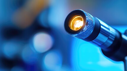 Poster - Macro shot of a digital otoscope with LED light, showing fine details of the lens and handle, with a blurred background, no people