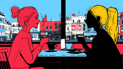 Poster - Two women sitting at a table in a cafe, drinking coffee and looking out the window.