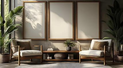 Two wooden armchairs with pillows in front of three empty frames in a living room.