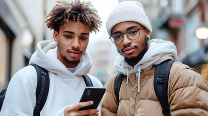 Poster - Two young men wearing winter clothes, one using a mobile phone.