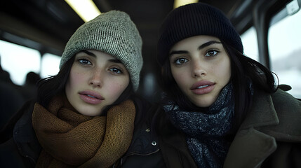 Poster - Two young women wearing beanies and scarves look at the camera.