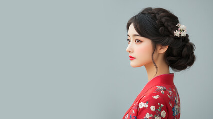 Wall Mural - Japanese woman wearing red silk dress isolated on gray background