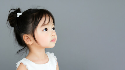 Wall Mural - Side view of Japanese little girl wearing white dress isolated on gray