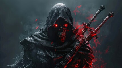 A black hooded skull with red glowing eyes and a sword on its back. AI generated images