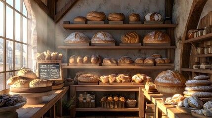 A warm bakery scene with 3D-rendered organic bread and pastries displayed on vintage wooden shelves