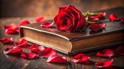 Softly lit red rose petals on a leather bound book, symbolizing timeless love and whispered words of affection