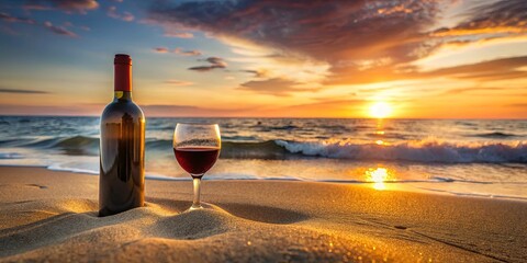 Wall Mural - A tranquil beach sunset with a glass of red wine and an empty bottle in the sand