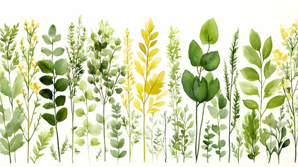 Watercolor painting of green and yellow foliage on white background.