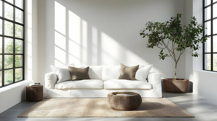 Wall Mural - White Sofa with Brown Pillows in Modern Living Room with Large Window and Plant.