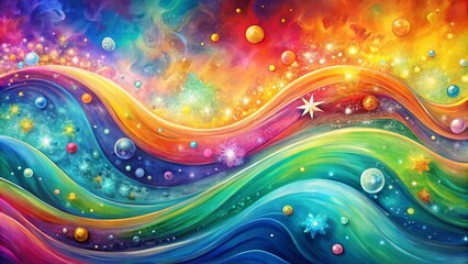 Wall Mural - Vibrant wave painting on a multicolored background with bubbles and stars